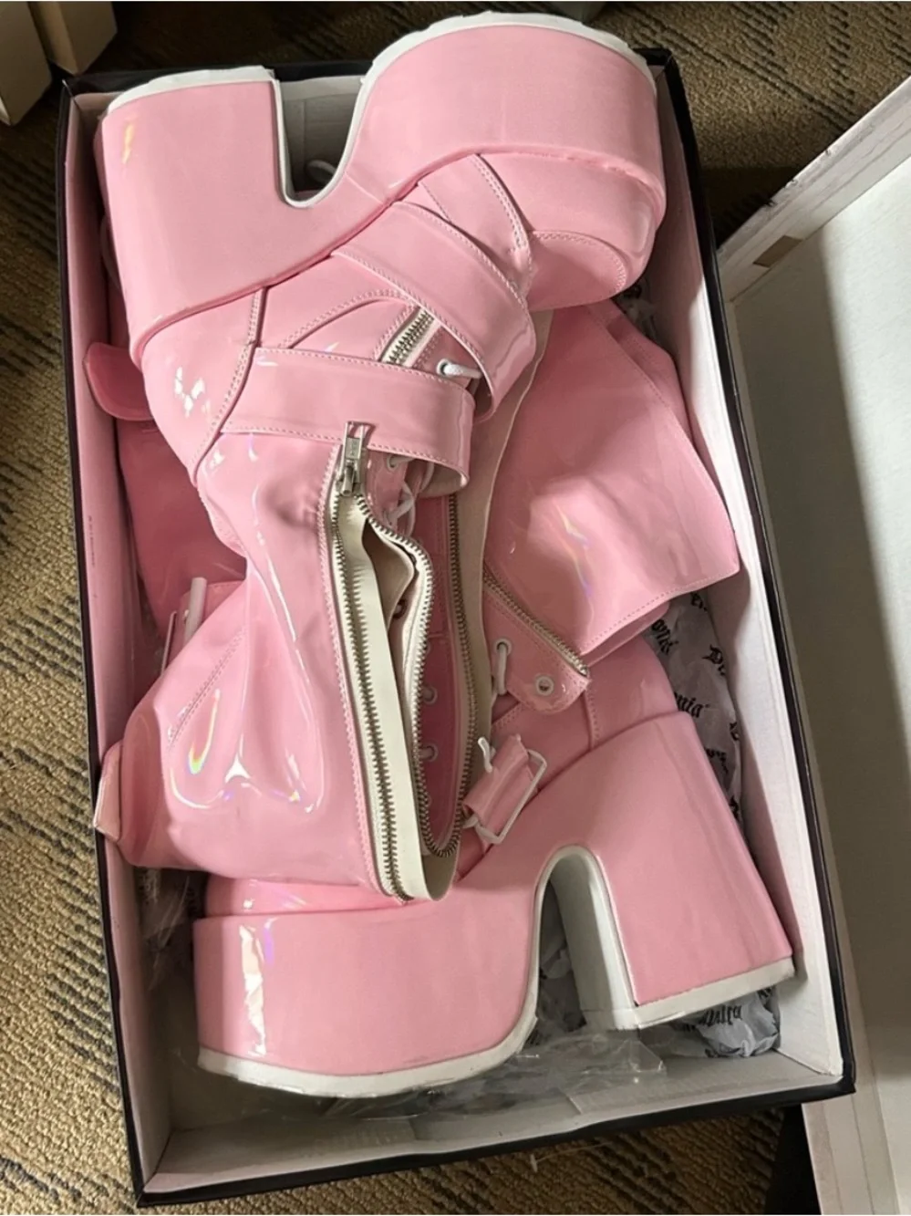 Demonia Camel-305 Baby Pink Hologram Thigh High Platform Boots